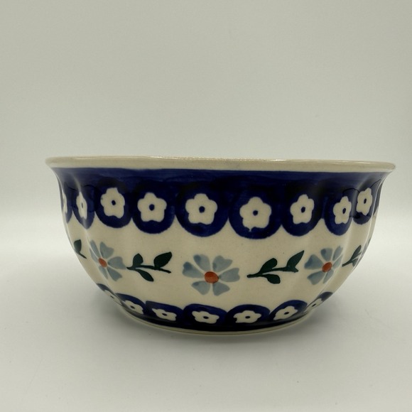 Manufaktura Boleslawiec Polish Pottery Fluted Bowl Blue Daisy Pattern 6.75" - Picture 5 of 5
